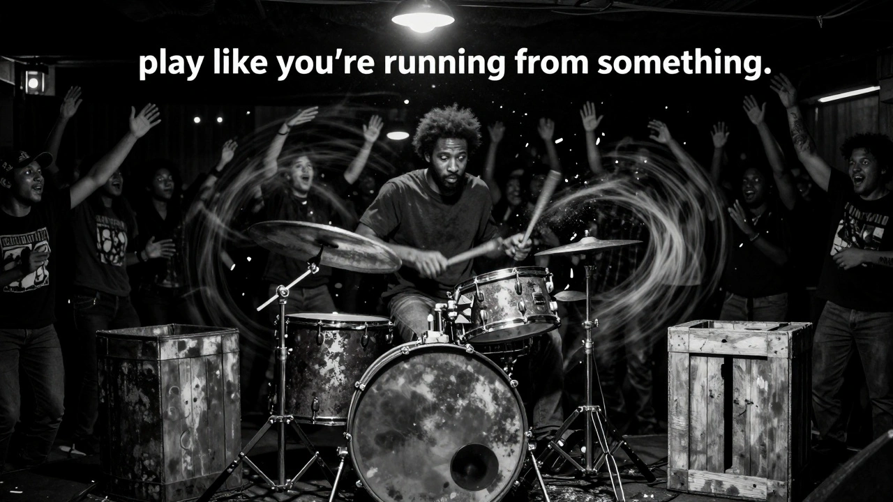 Darius 'Bolt' Jones drumming on a makeshift kit of trash cans and crates, motion blur capturing raw, chaotic energy.
