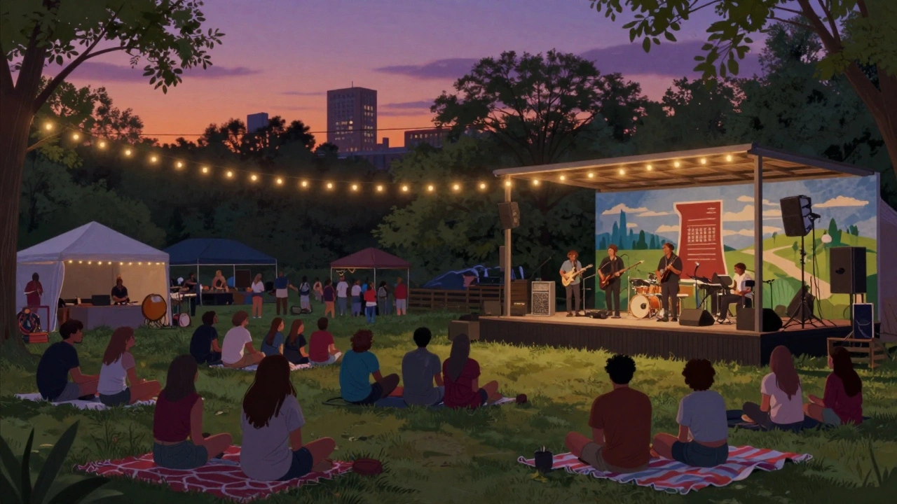 Diverse crowd enjoying a blues festival in a New York City park at twilight, musicians on wooden stage.
