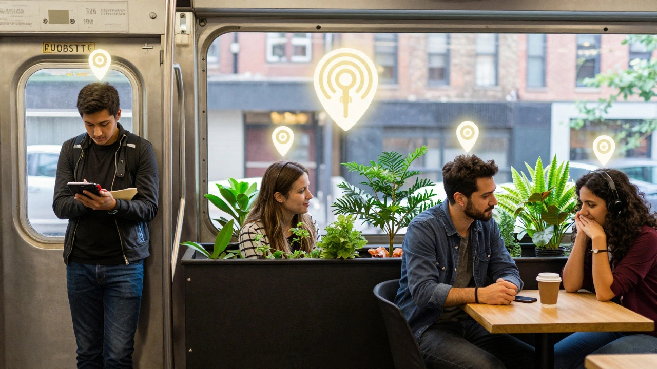 Diverse listeners in Chicago, Seattle, and Austin with location pins connecting to a podcast icon.