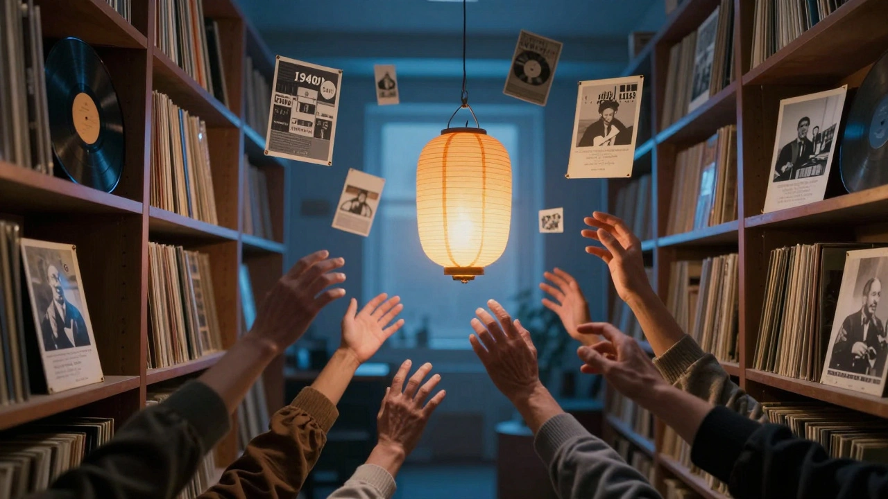 Floating digital blues recordings glowing in an archive room, hands of different ages reaching to touch them.