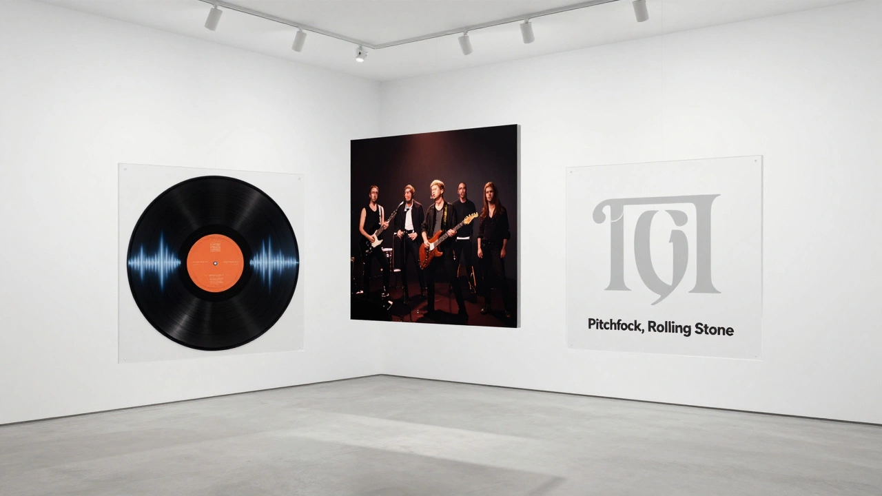 Floating press kit elements—photo, logo, record, and press credits—hover in a minimalist white space.