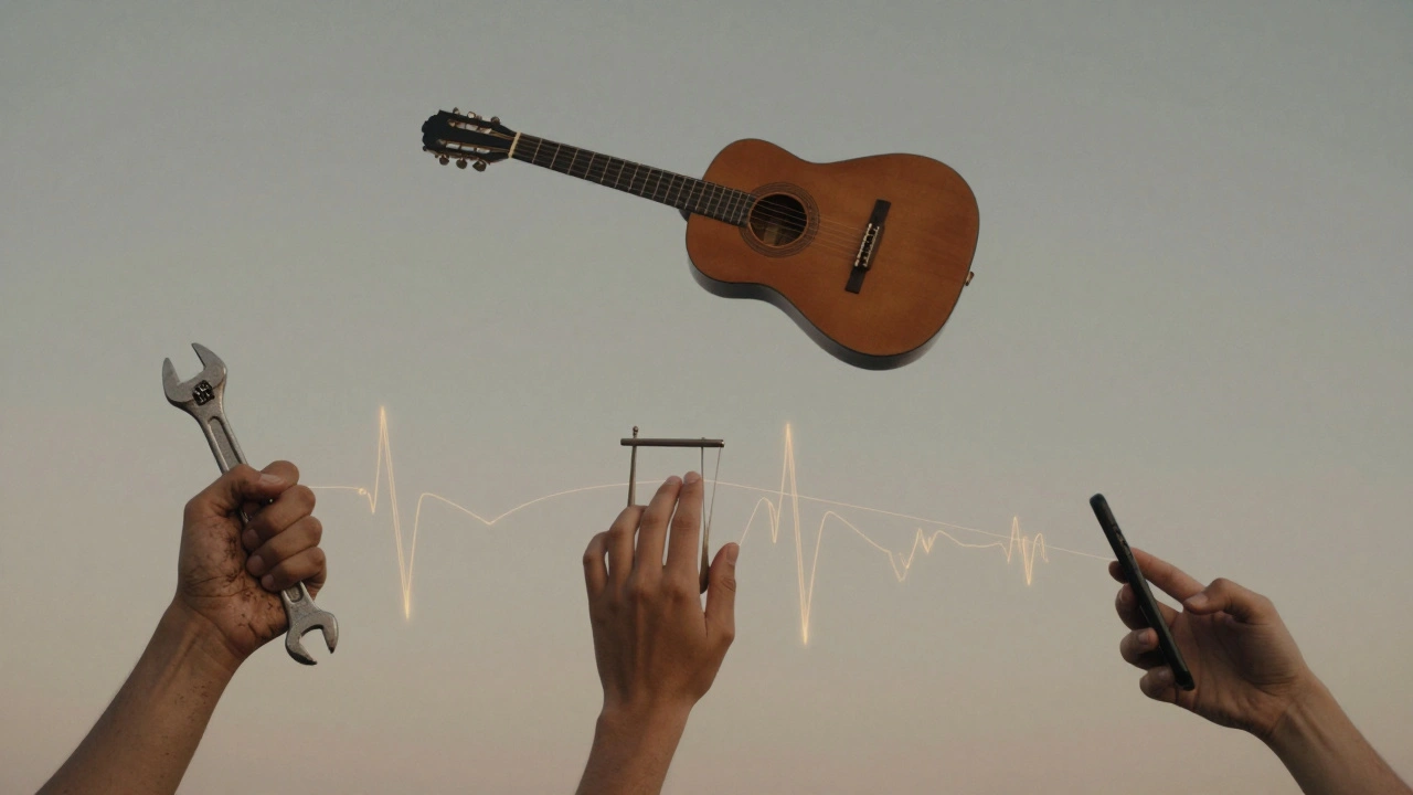 Hands from diverse Americans connected by sound waves, with a floating acoustic guitar above them.