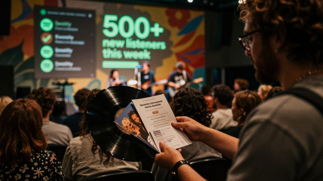 Indie artist giving a fan a digital bundle of vinyl, zine, and discount coupon at a small concert.