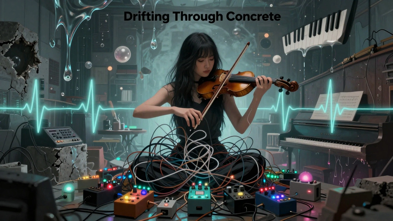 Lila Chen surrounded by floating soundwaves, distorted violin strings, and glowing analog pedals in a melting studio environment.