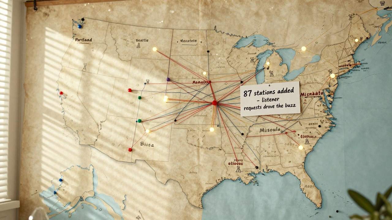 Map of the western U.S. with glowing radio towers and threads connecting cities where Robert Hill's songs gained listener-driven momentum.