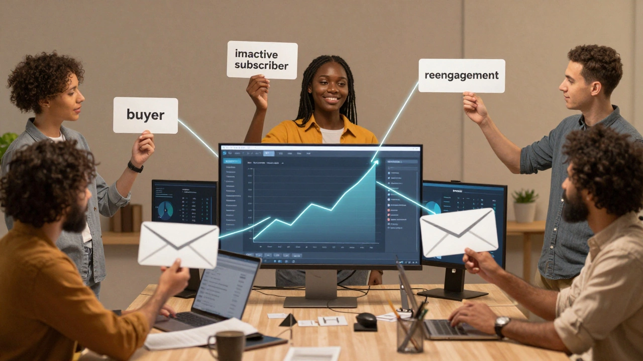 People holding email segment tags connected to a dashboard with rising engagement metrics.