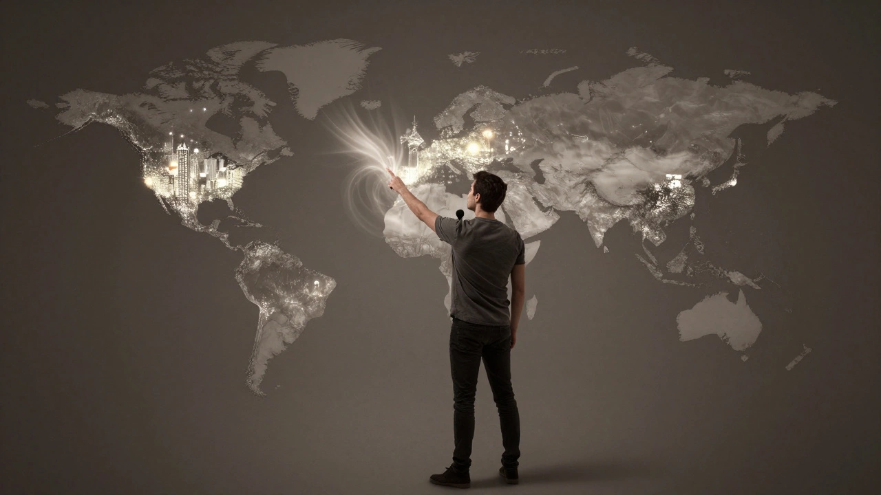 Podcast host pointing at a glowing world map highlighting listener hotspots.