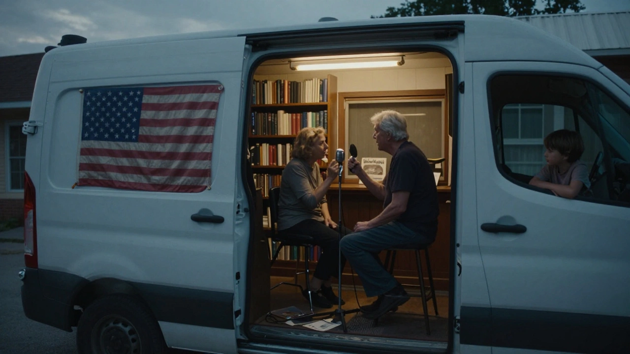Robert Hill records an elderly woman singing a lullaby in a quiet library, with a child listening nearby.