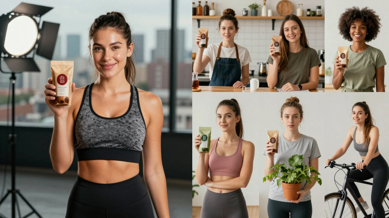 Split image contrasting a staged macro influencer ad with six authentic micro influencers in everyday settings.