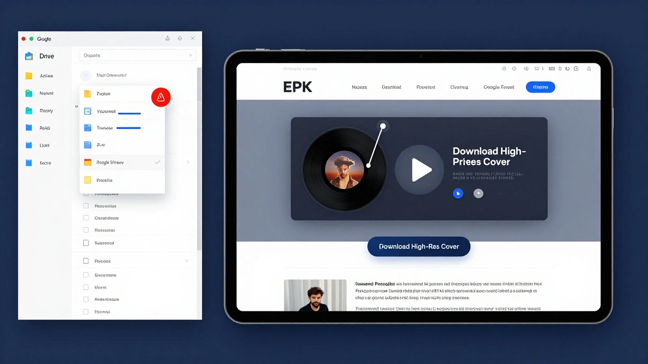 Split-screen: chaotic file folder vs. organized EPK with streaming audio and clear download buttons.