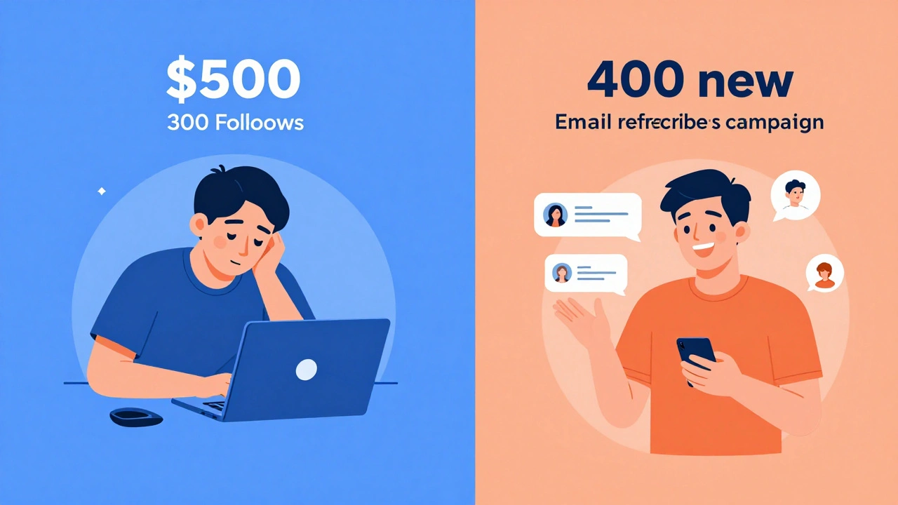 Split-screen: wasted ad spend vs. organic email growth from fan referrals.