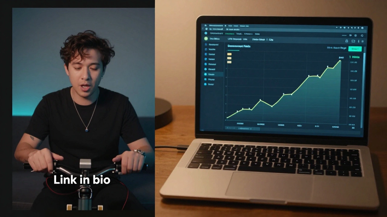 Split view: artist playing gear on TikTok and dashboard showing tracked affiliate clicks and sales.