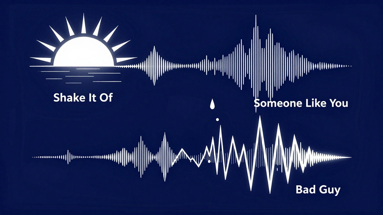 Three abstract sound wave silhouettes representing different song hooks in midnight blue.