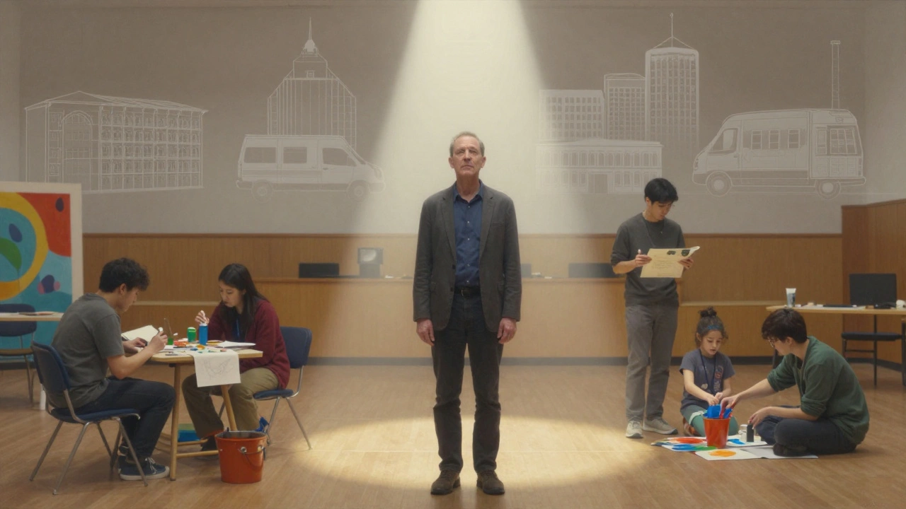 Three former students thriving as artists, with Robert quietly observing in the background.