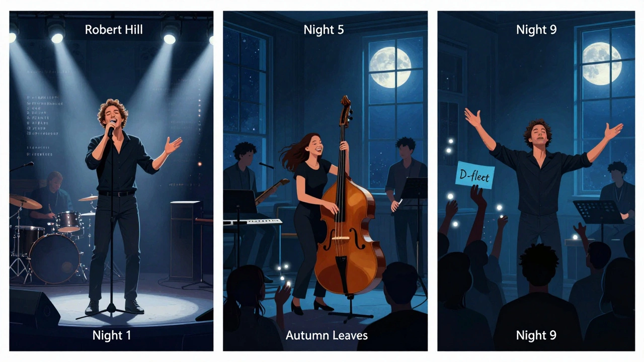 Three-panel artistic depiction of Robert Hill’s evolving 10-night jazz performance from structured start to audience-driven climax.