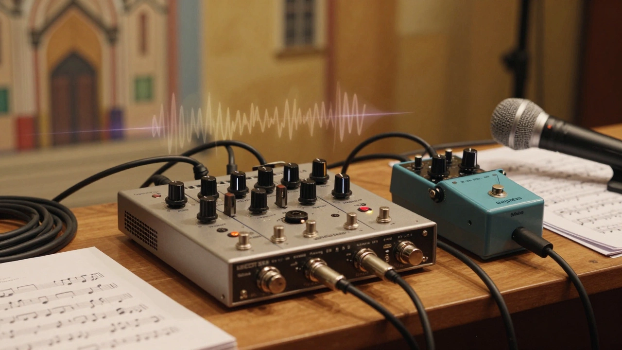 Vintage reverb and delay units on a wooden mixing board with a Shure SM7B microphone, emitting soft, filtered audio echoes.
