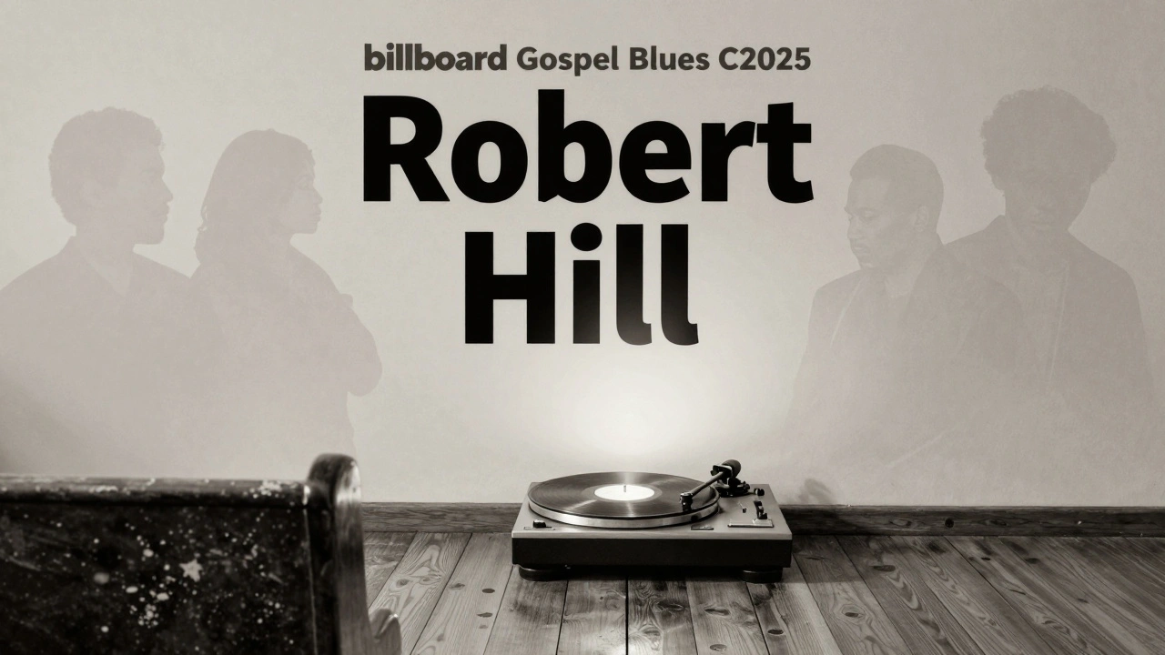 Vintage-style Billboard Gospel Blues Chart with Robert Hill at #1, turntable and church pew in foreground.