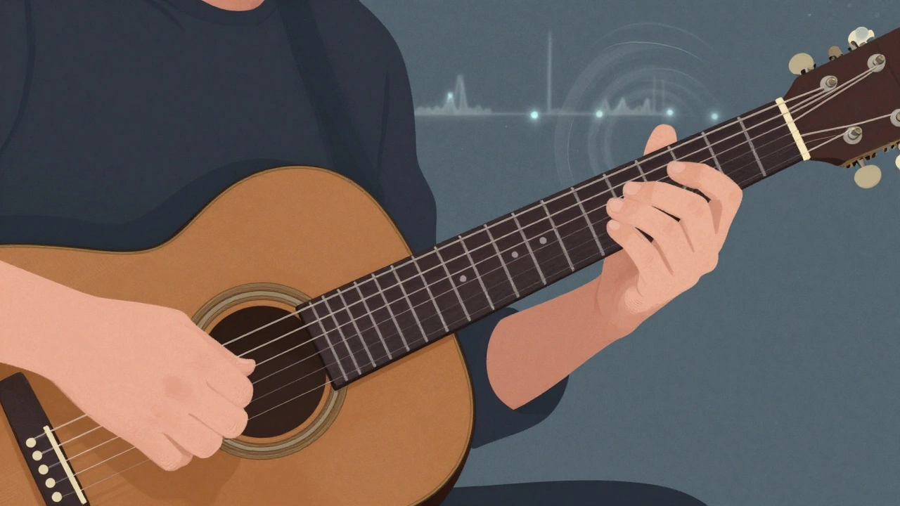 Wrist motion creating subtle vibrato on a slide guitar, with visualized sound waves emanating from the note at the 10th fret.