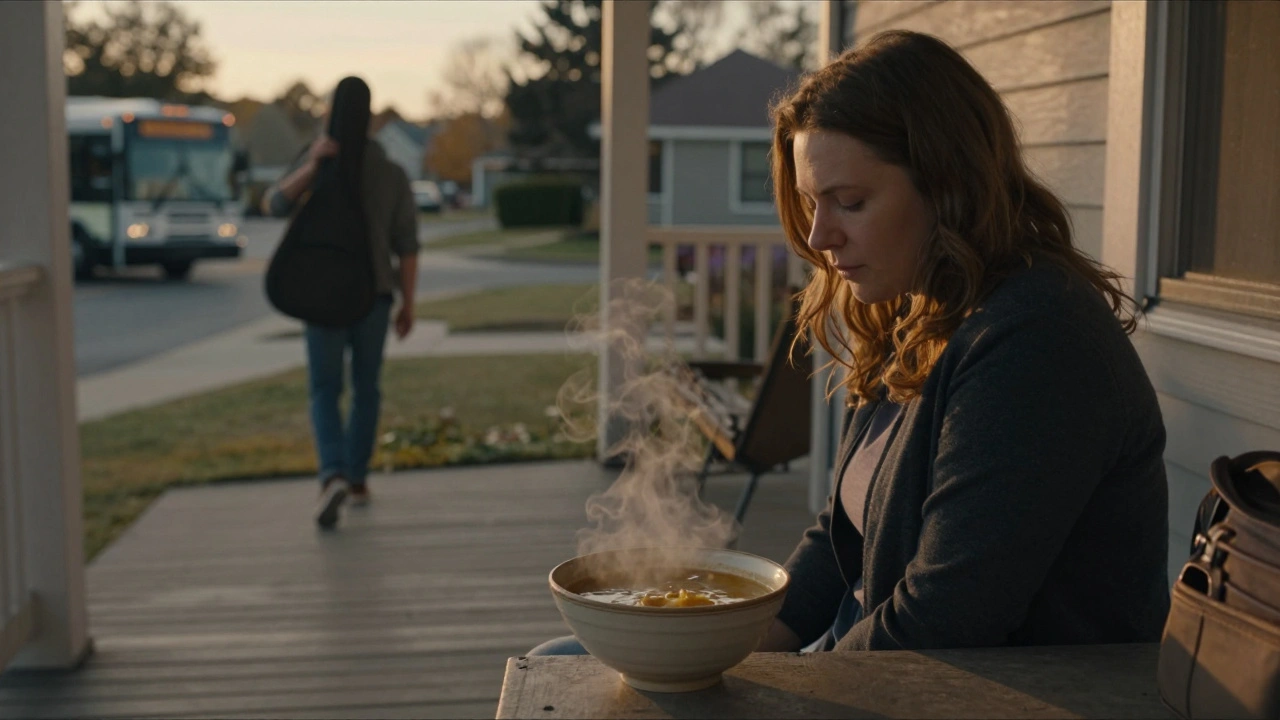 A bowl of soup on a porch as a woman sings quietly at a bus stop, unseen by others.
