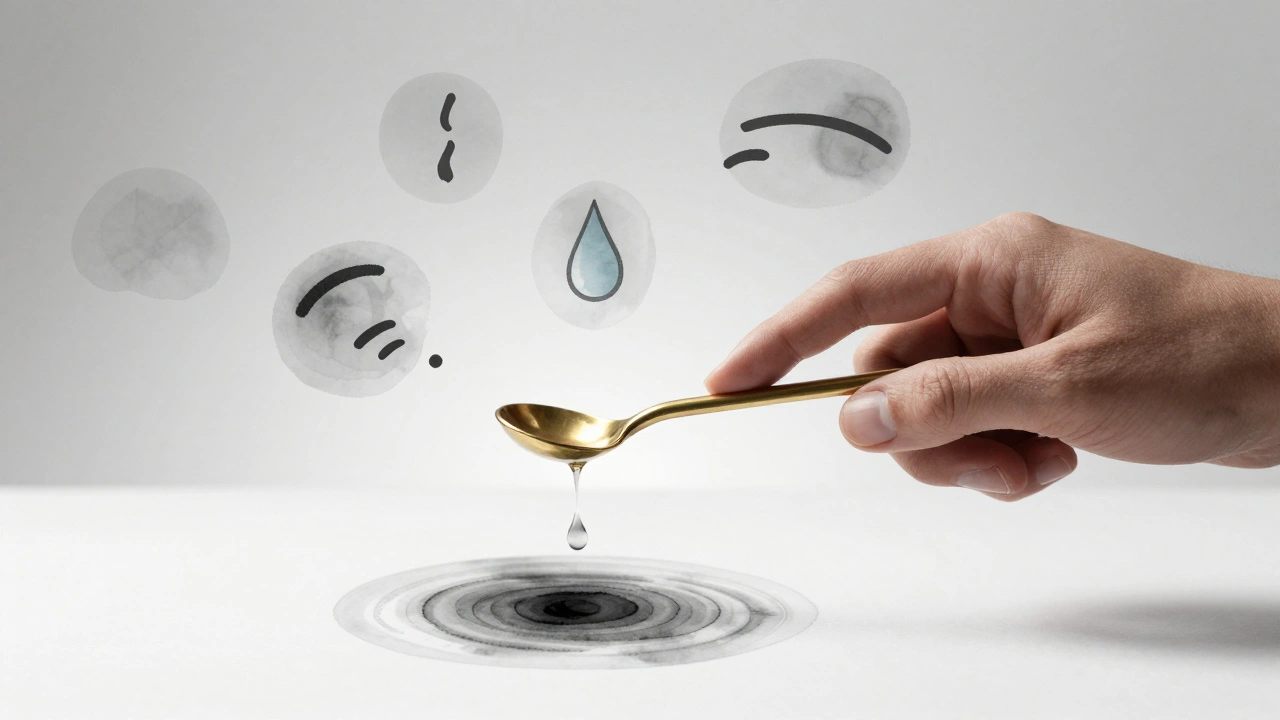 A brass slide pressing into a guitar string, surrounded by abstract symbols of emotion—sigh, tear, breath—rendered in ink washes.