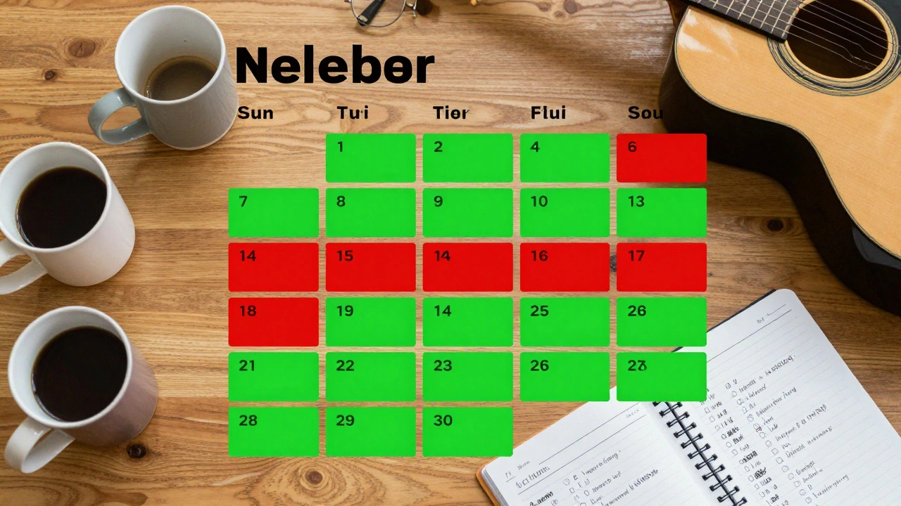 A desk calendar with color-coded release dates, surrounded by music tools like a guitar and notebook.