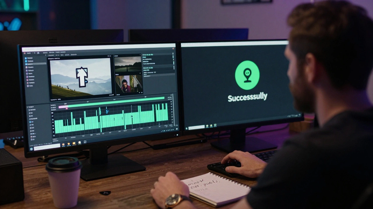 A director in a dark room comparing slow 4K upload with fast 1080p upload on dual monitors.