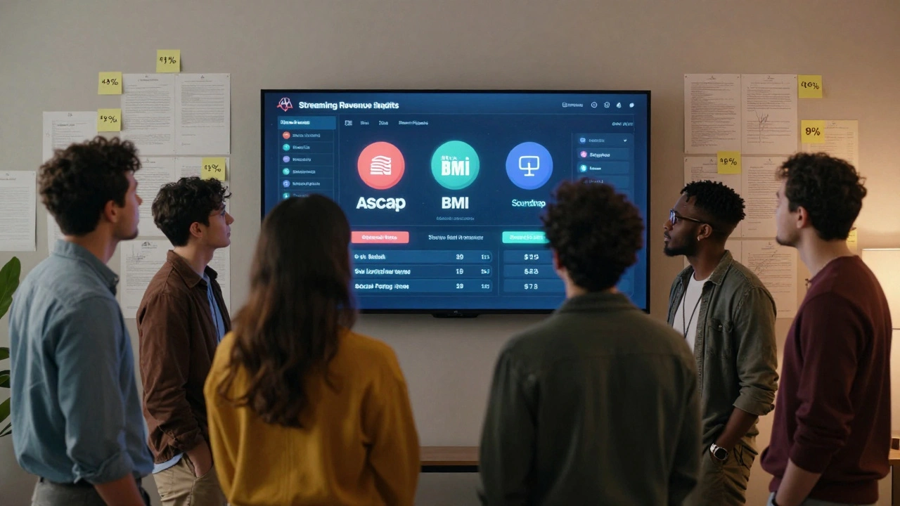A group of collaborators watching a digital dashboard displaying real-time revenue splits.