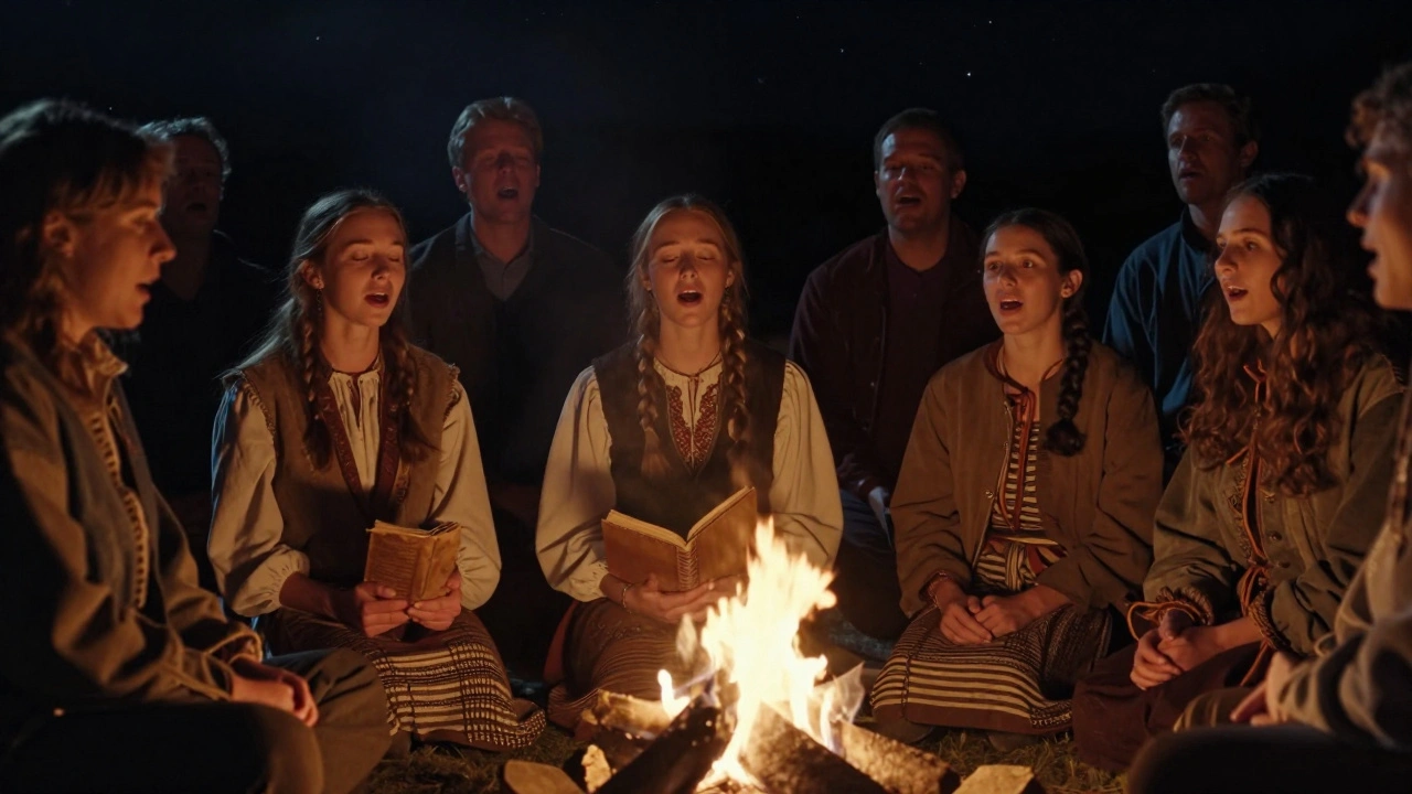 A group singing around a campfire at night, faces lit by flames, no instruments, sharing a folk ballad.
