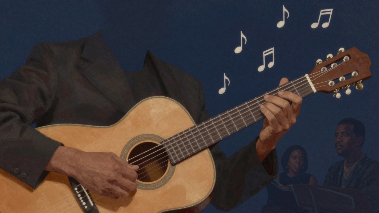 A human voice transforming into a slide guitar, with musical notes drifting like breath, surrounded by ghostly silhouettes of blues icons.