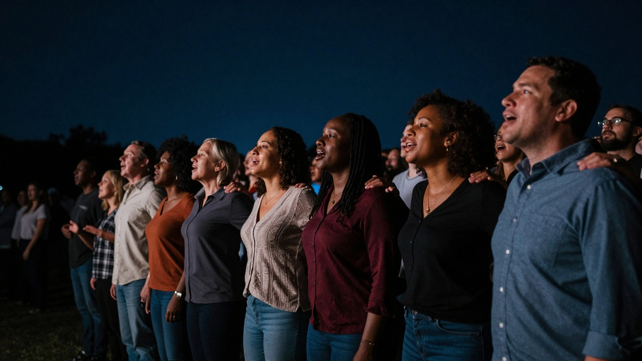 A modern band performing a gospel-infused chorus under the stars, voices layered as the crowd watches in silence.