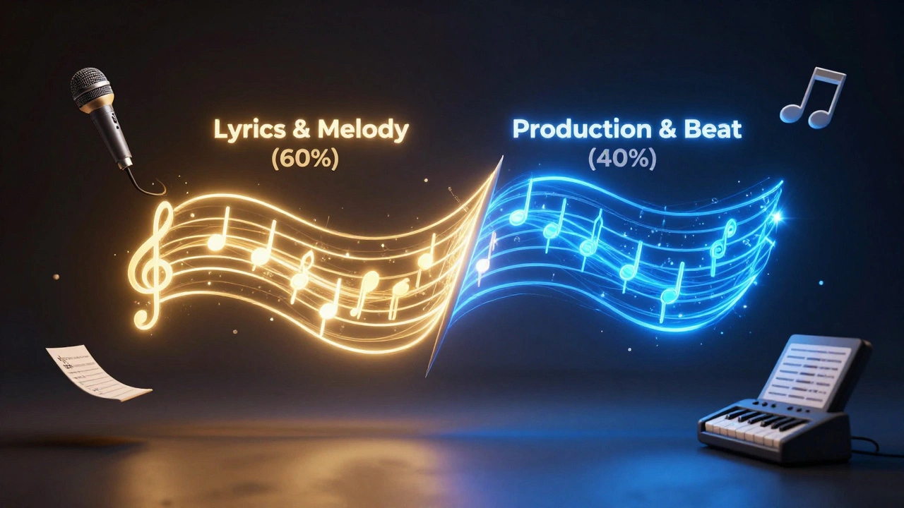 A musical score split into two glowing halves representing 60% writing and 40% production.