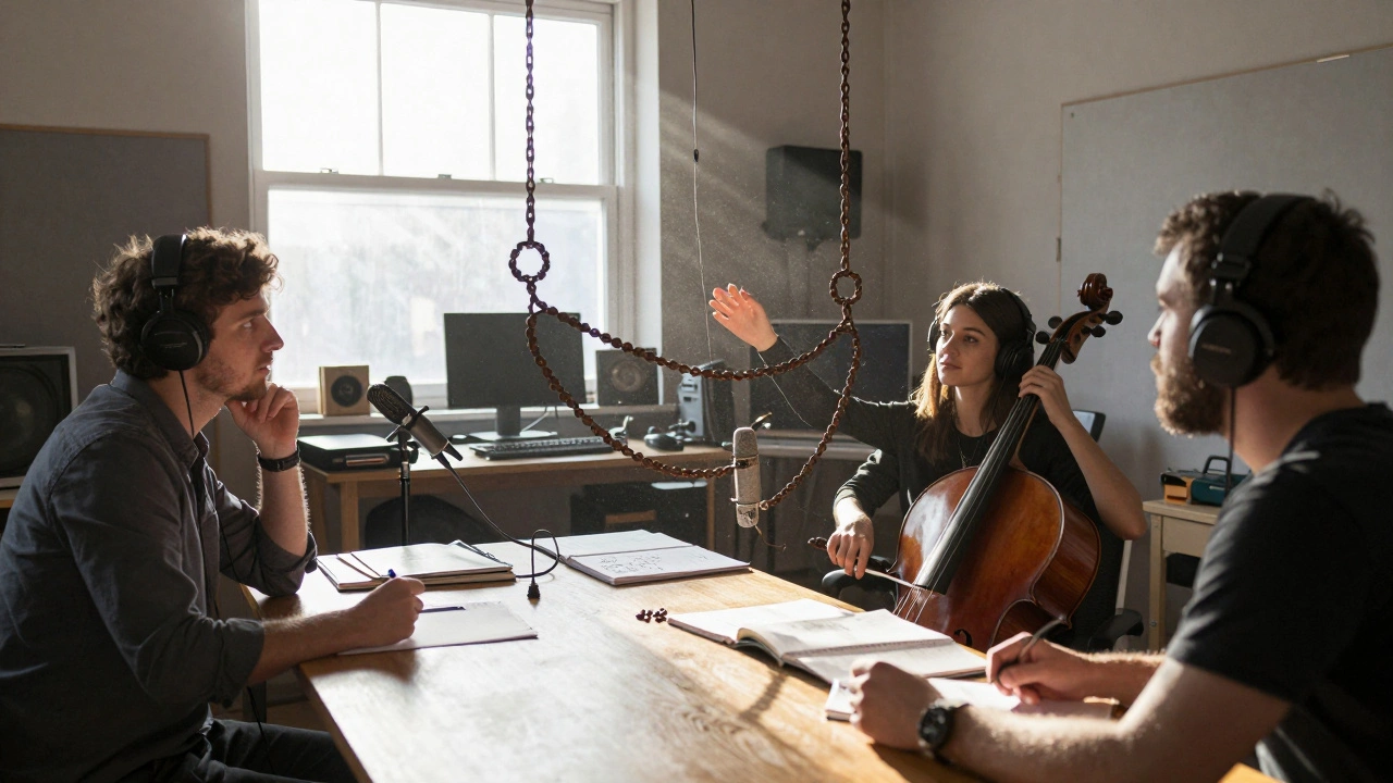 A musician striking a rusted bicycle chain in a sunlit studio as others listen intently through headphones.