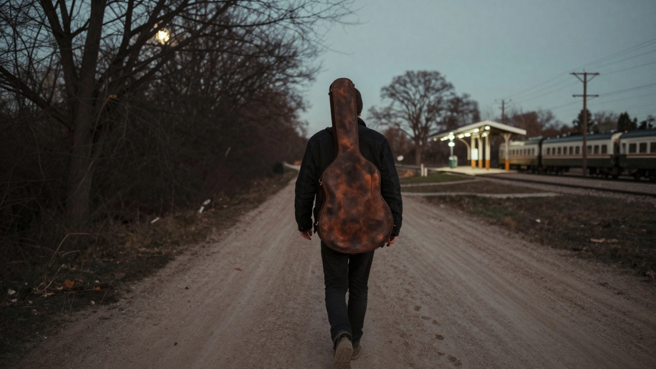 A shadowy figure walks down a dirt road at dusk with a guitar case, footprints behind.