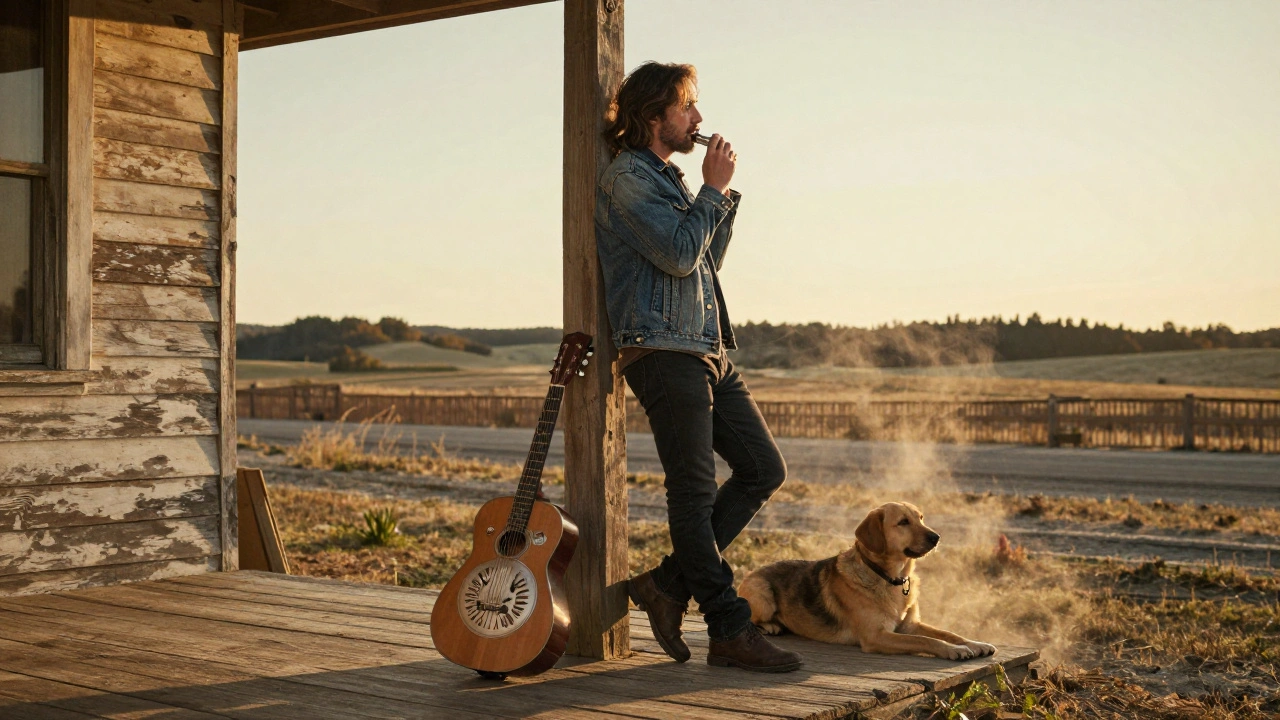 A singer on a dusty porch at golden hour, harmonica in hand, dog beside them, quiet and timeless.