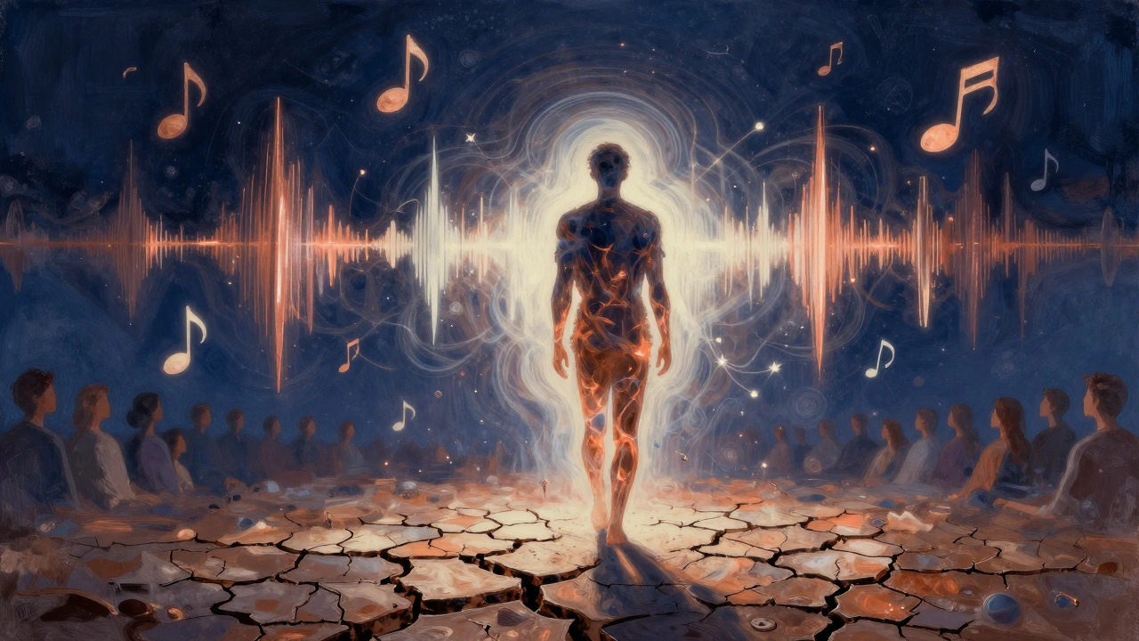 A single musical note rising from cracked ground, transforming into sound waves that form a figure surrounded by listeners.