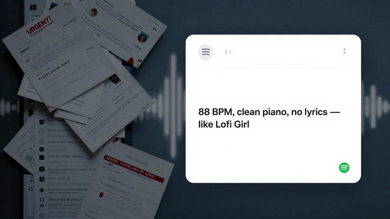 A split-screen comparing cluttered generic pitch emails to a clean, personalized playlist pitch with Spotify details.