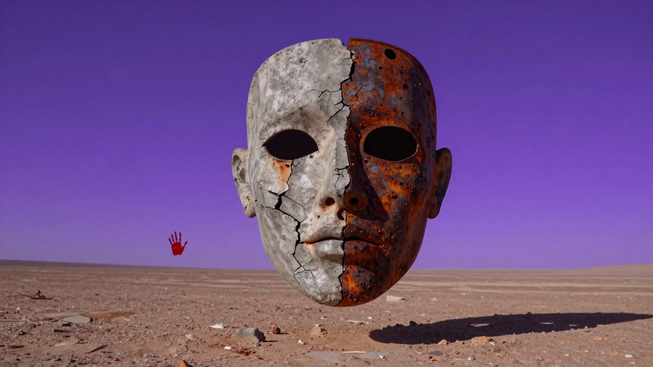 A surreal face made of rusted metal and cracked concrete floating over a desert under a neon purple sky with a red handprint.