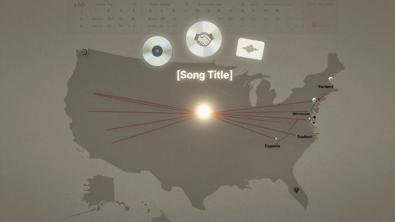 A U.S. map with pins marking radio stations connected to a song, icons representing relationships and time.