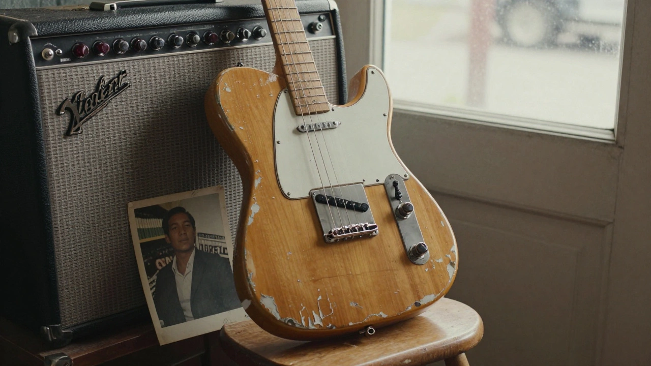 A vintage Telecaster and Bassman amp rest beside a faded photo, morning light highlighting their worn history.