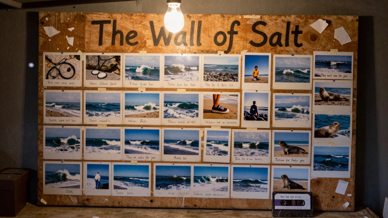 A wooden wall covered in 50 handwritten photos of ocean moments, lit by a single bulb in a dim garage.