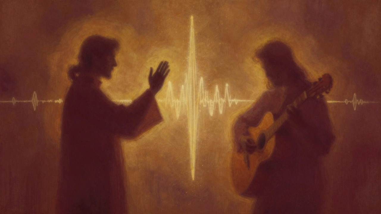 Abstract golden sound waves representing call and response in worship, with sacred silence between them.