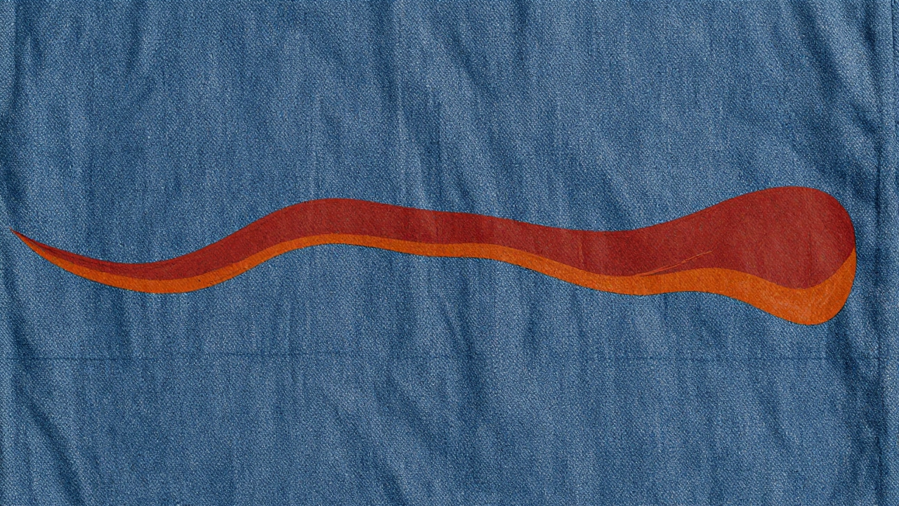 An abstract wavy streak of rust and burnt orange represents slide guitar sound on denim.