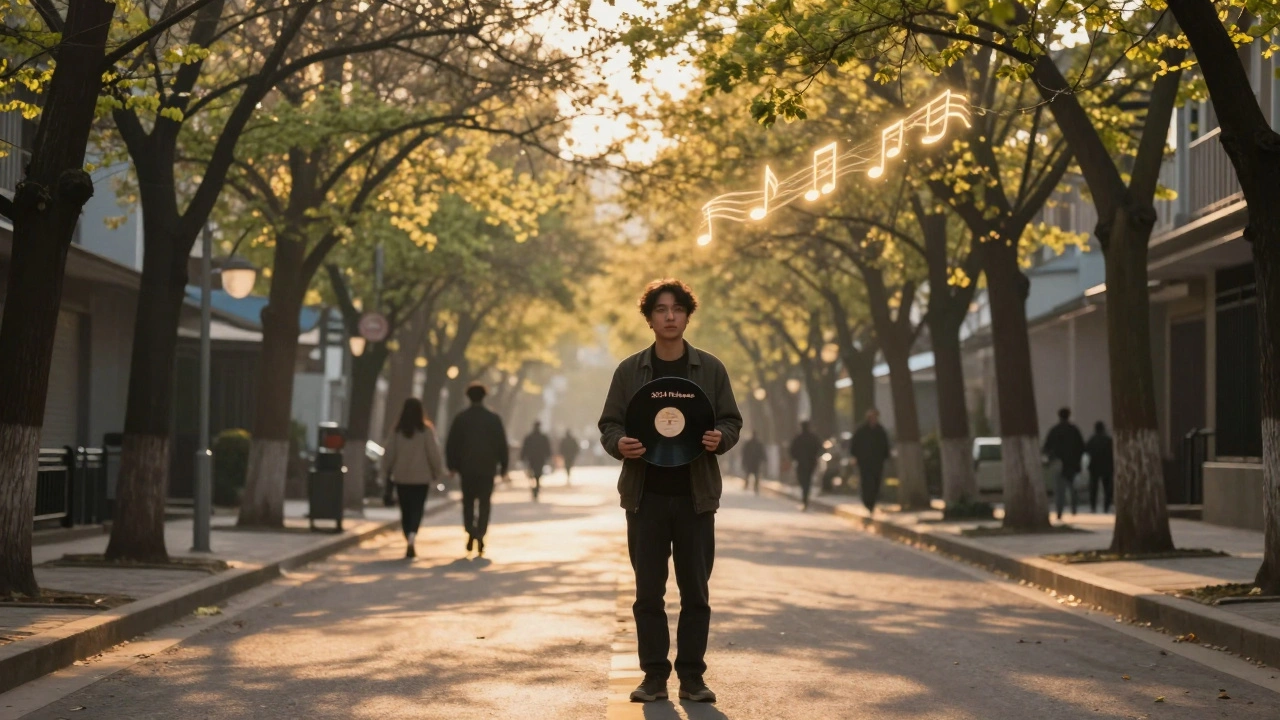 An artist holding a vinyl record at dawn in spring, music notes floating upward as people walk by in the distance.