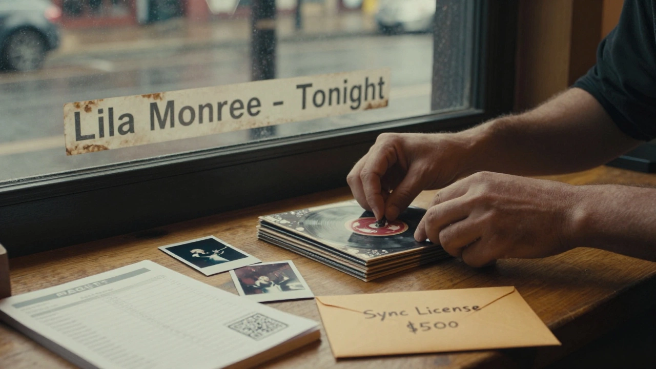 An artist packs handmade vinyl records with notes, photos, and a sync license envelope on a wooden table.