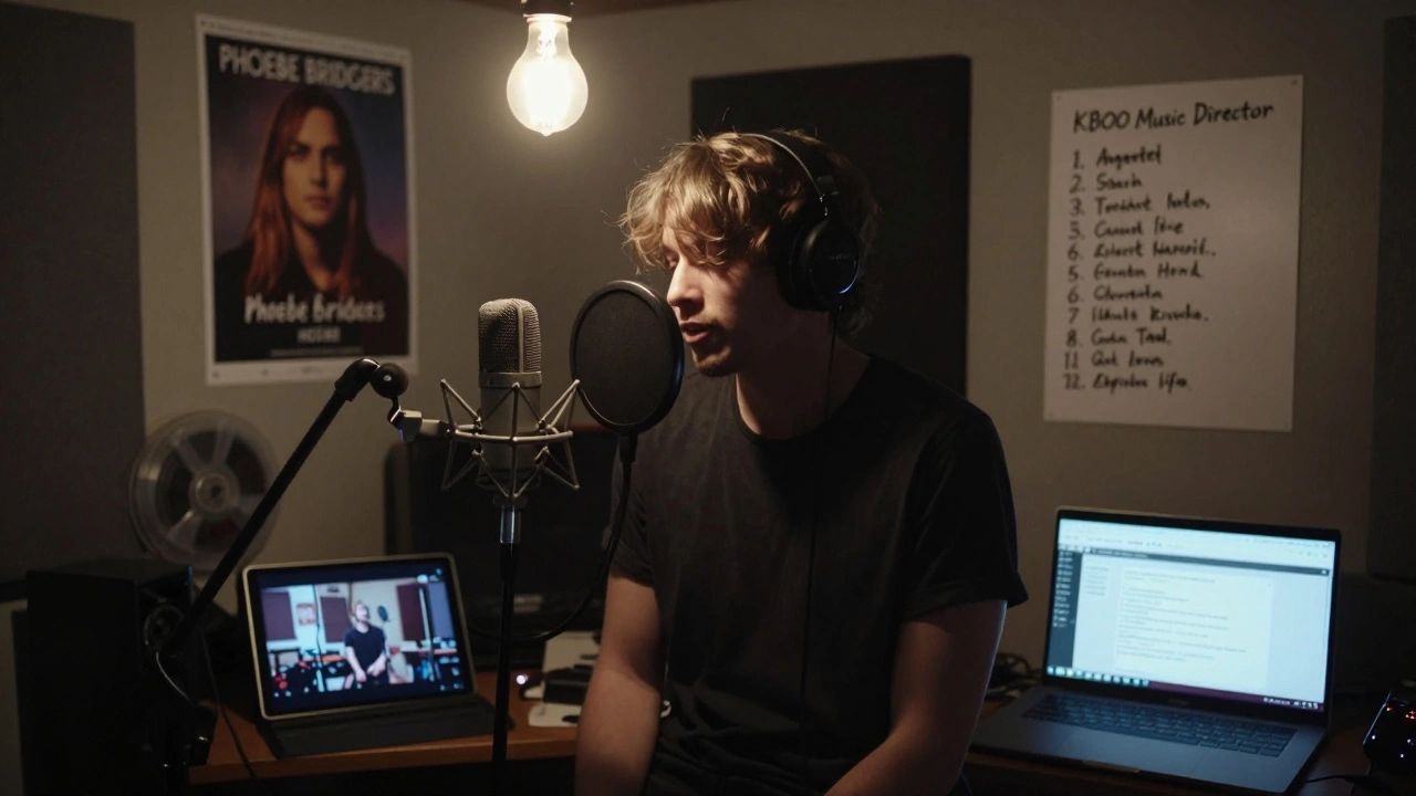 An artist recording vocals in a garage studio, a tablet showing a video clip and an email draft to a radio station.