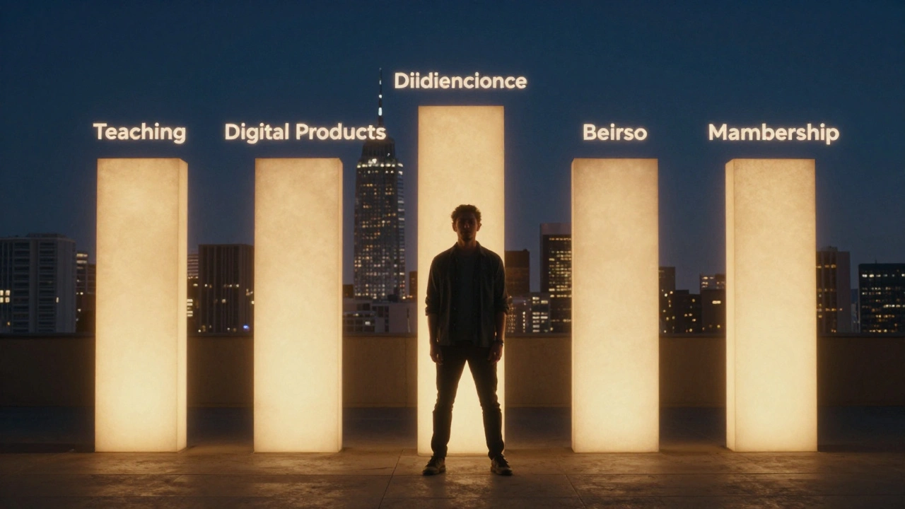 An artist standing before five glowing pillars representing sustainable creative income streams, with a changing cityscape in the background.