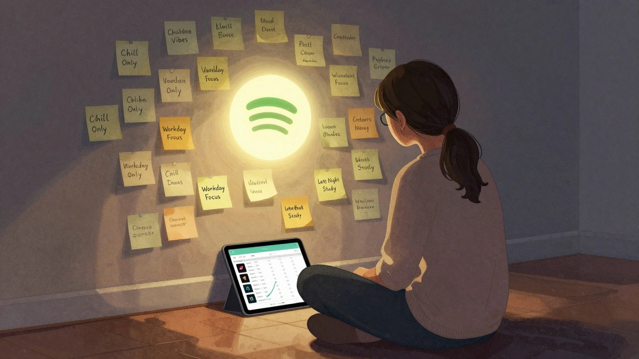 An artist surrounded by sticky notes of playlist names, with a glowing Spotify playlist icon above a stream analytics tablet.