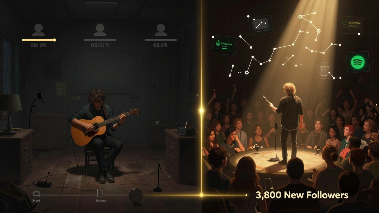 An artist transitioning from solitude to a growing fanbase, with Spotify Marquee cards floating like stars above.