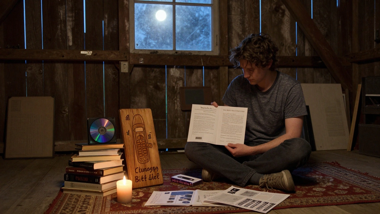 An isolated voter in a rural barn, holding a wooden award plaque beside mailed experimental art submissions.