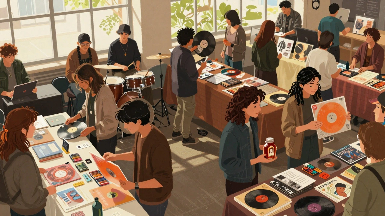 Artists from around the world handing out vinyl, cassettes, and merch to fans during a Bandcamp Friday event, with a jar of maple syrup in frame.
